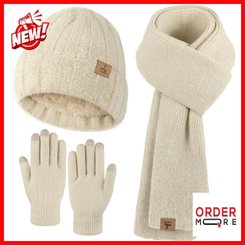 Fleece-Lined Cashmere Winter Hat Scarf Gloves Touchscreen Set